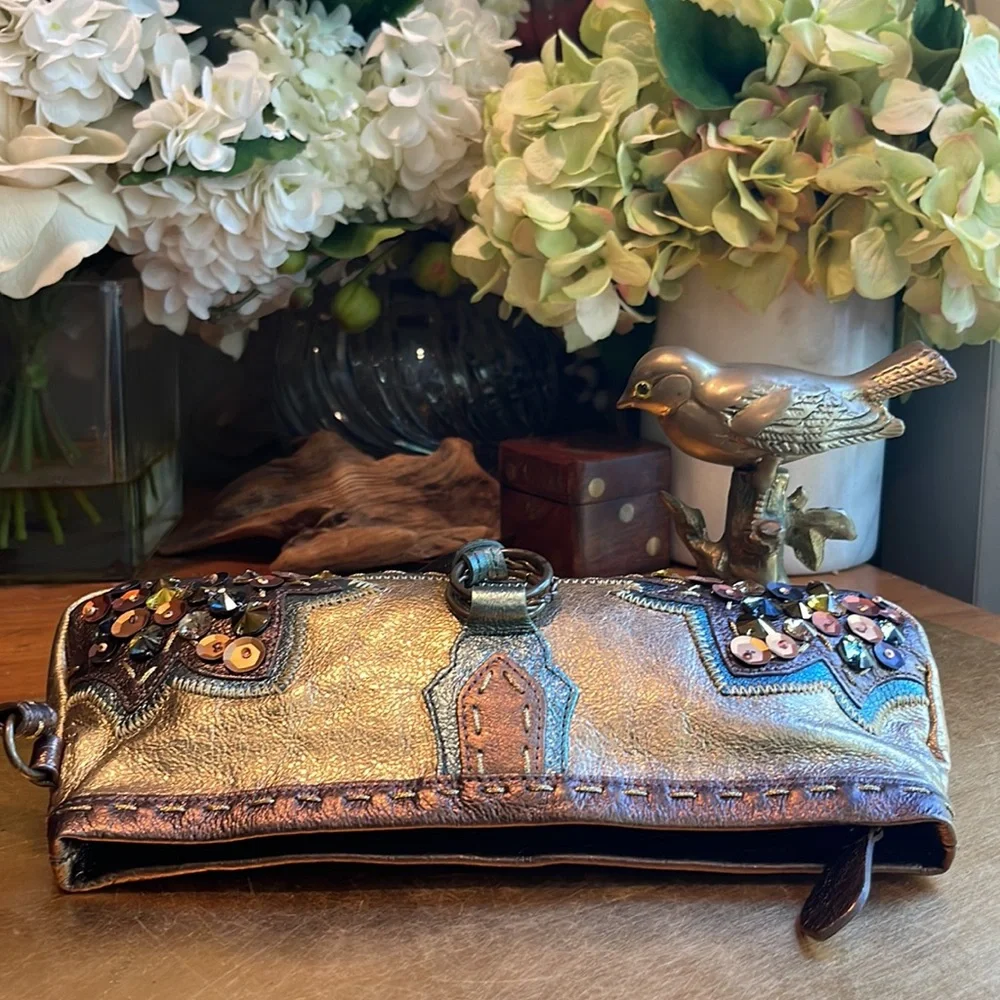 Tocca Leather Jeweled and Embroidered Wristlet Clutch